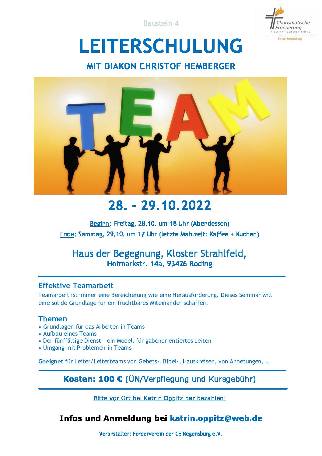 Schulung "Effektive Teamarbeit" mit Diakon Christof Hemberger am 28./29. Oktober im Kloster Strahlfeld
